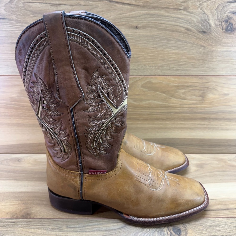 Texas Country Western Boots Mens 8 D Cognac Brown Leather Square Toe Rodeo Ranch